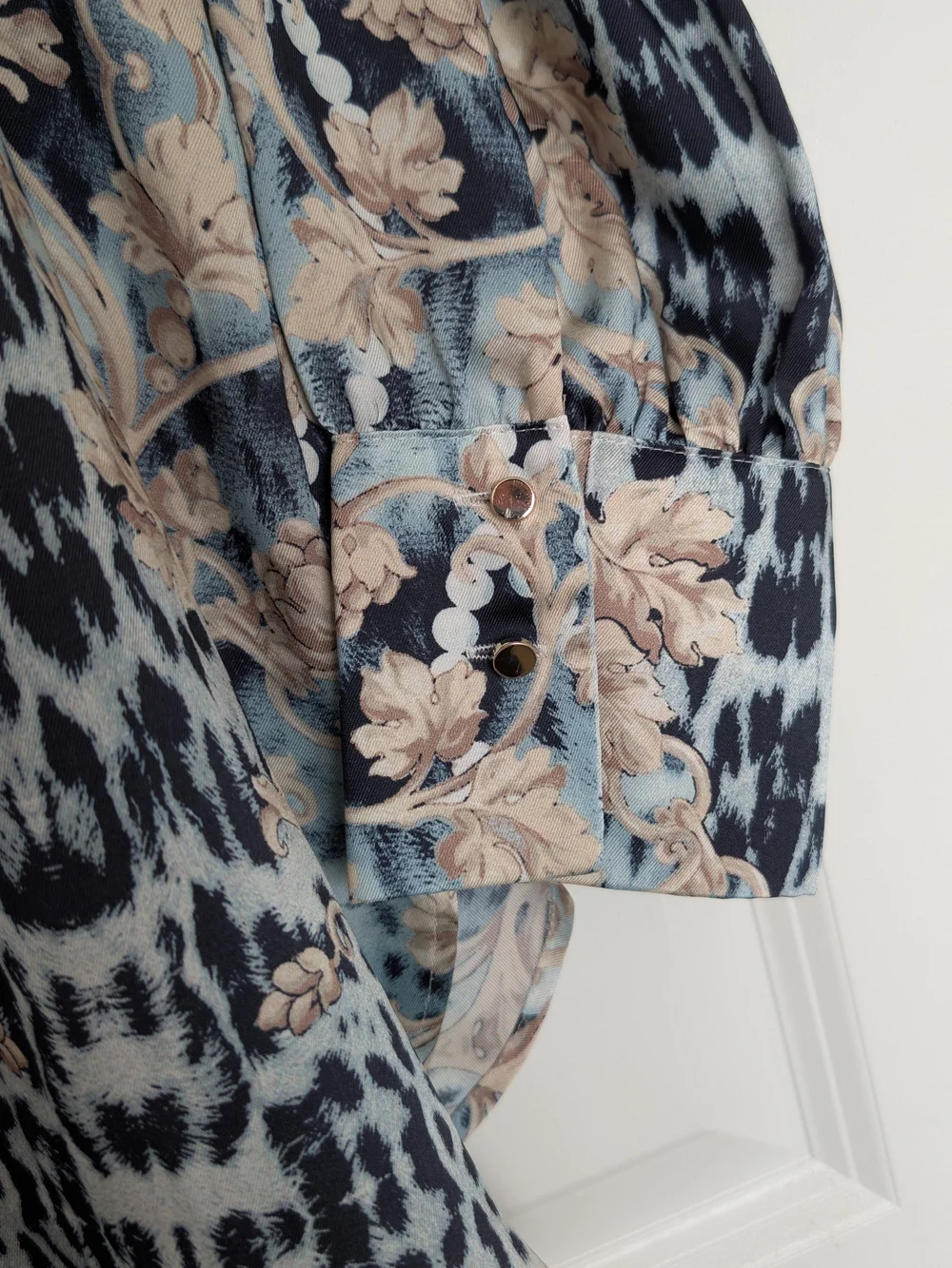 Chico's Blue and Beige Ornate-Print Button-Down Shirt